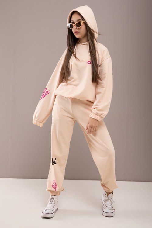 Krem Yazı Baskılı Kapüşonlu Kız Eşofman Takımı 19776