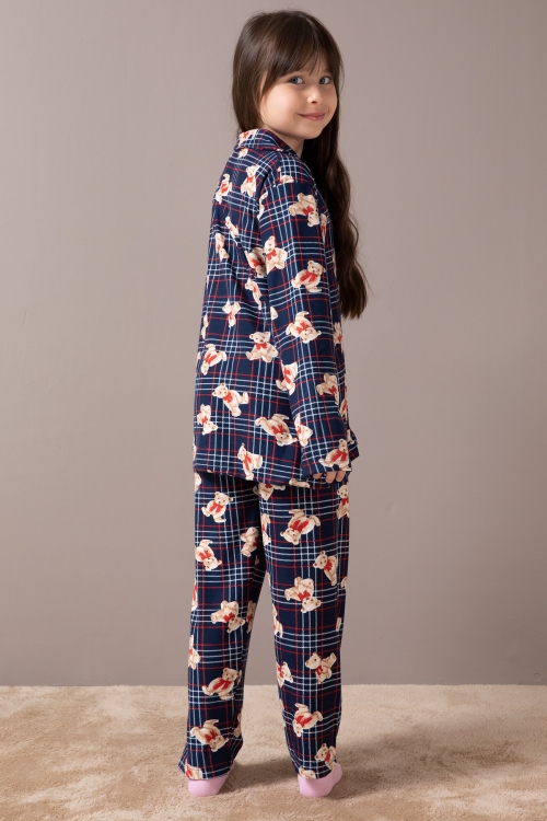 Lacivert Ayıcıklı Ekose Desen Kız Çocuk Düğmeli Pijama Takımı 19854