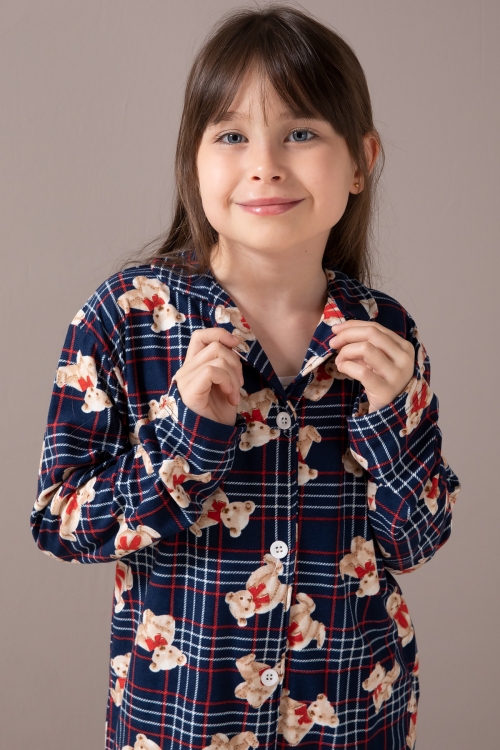 Lacivert Ayıcıklı Ekose Desen Kız Çocuk Düğmeli Pijama Takımı 19854