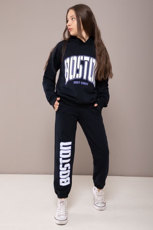Lacivert Boston Yazılı Kapüşonlu Kız Çocuk Eşofman Takımı 19830