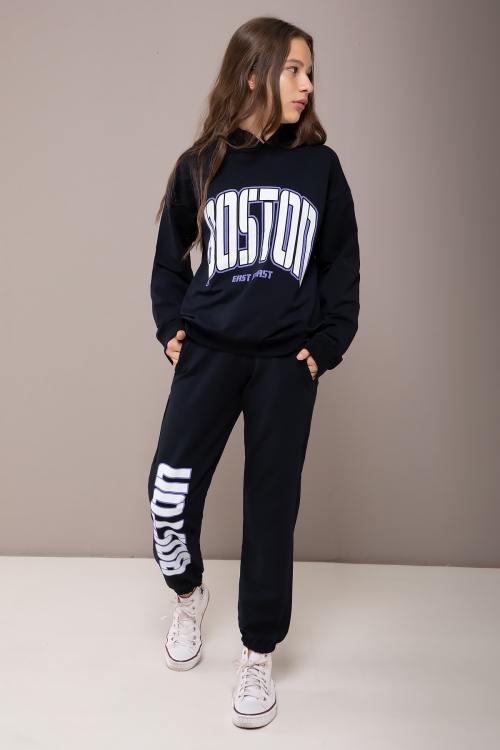 Lacivert Boston Yazılı Kapüşonlu Kız Çocuk Eşofman Takımı 19830