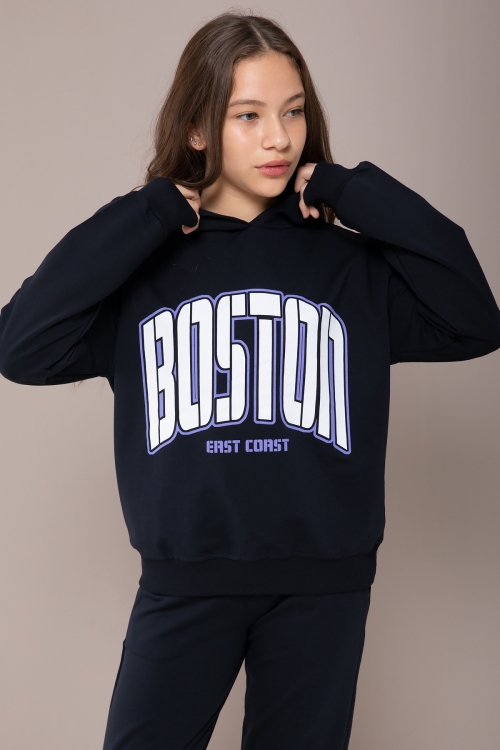 Lacivert Boston Yazılı Kapüşonlu Kız Çocuk Eşofman Takımı 19830