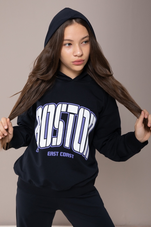 Lacivert Boston Yazılı Kapüşonlu Kız Çocuk Eşofman Takımı 19830