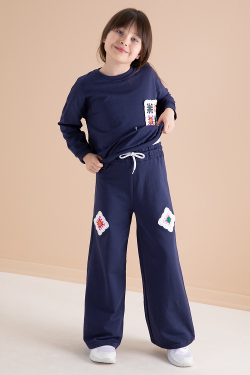 Lacivert Dantel Cep Detaylı Bisiklet Yaka Kız Çocuk Eşofman Takımı 20147