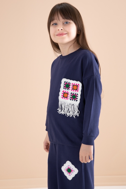 Lacivert Dantel Cep Detaylı Bisiklet Yaka Kız Çocuk Eşofman Takımı 20147