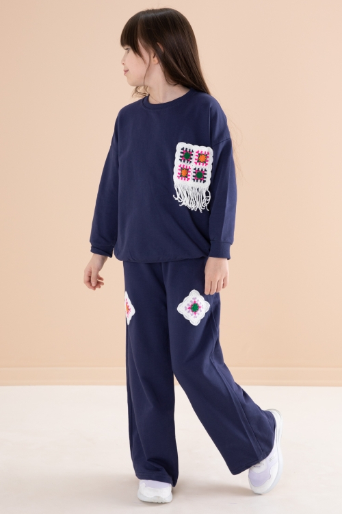 Lacivert Dantel Cep Detaylı Bisiklet Yaka Kız Çocuk Eşofman Takımı 20147