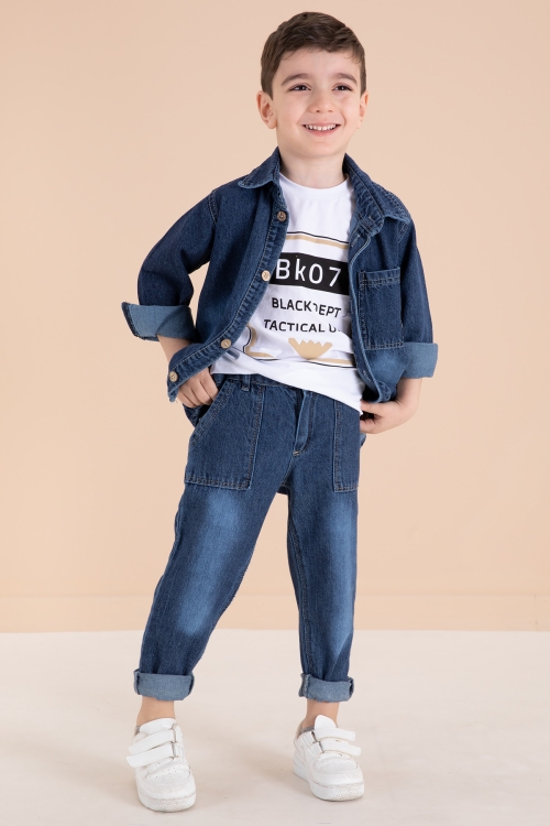 Lacivert Düğmeli Jean Ceketli Pantolonlu Erkek Çocuk 3lü Takım 20012