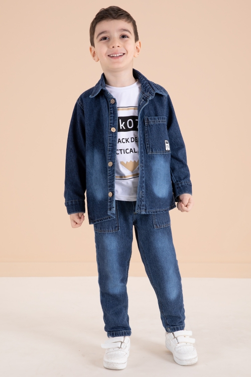 Lacivert Düğmeli Jean Ceketli Pantolonlu Erkek Çocuk 3lü Takım 20012