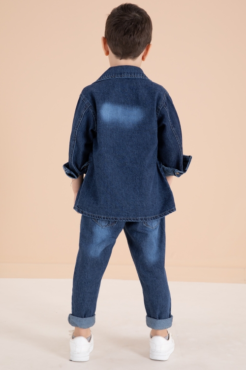 Lacivert Düğmeli Jean Ceketli Pantolonlu Erkek Çocuk 3lü Takım 20012