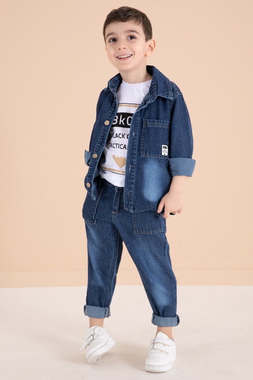 Lacivert Düğmeli Jean Ceketli Pantolonlu Erkek Çocuk 3lü Takım 20012