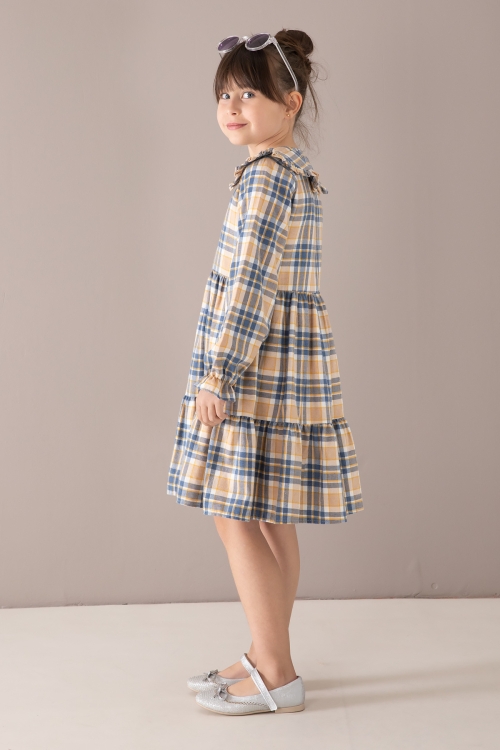 Lacivert Ekose Desenli Düğmeli Uzun Kol Kız Çocuk Elbise 19807