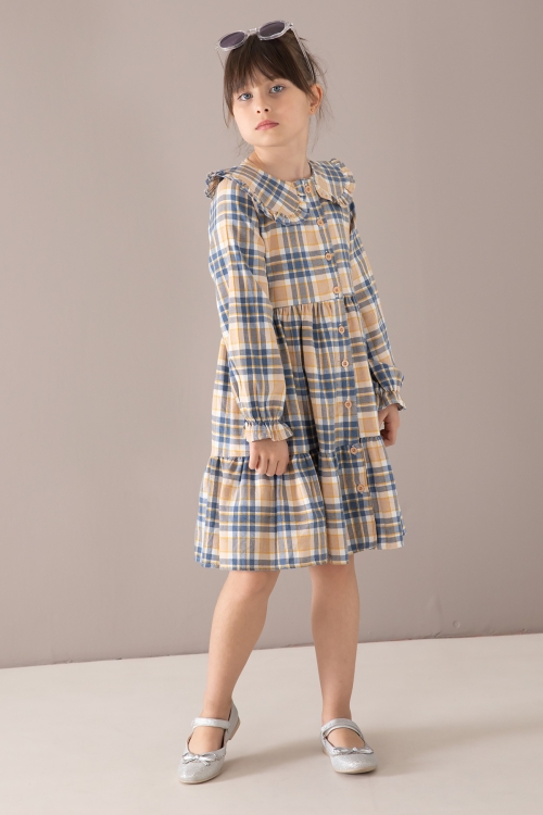 Lacivert Ekose Desenli Düğmeli Uzun Kol Kız Çocuk Elbise 19807