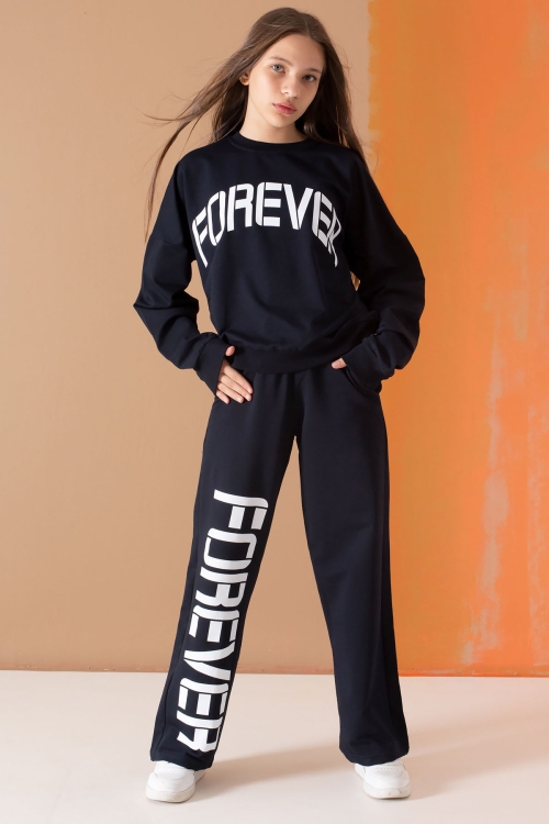 Lacivert Forever Yazı Baskılı Kız Çocuk Eşofman Takımı 19572
