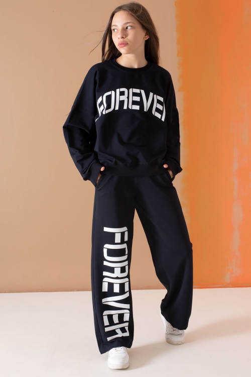 Lacivert Forever Yazı Baskılı Kız Çocuk Eşofman Takımı 19572