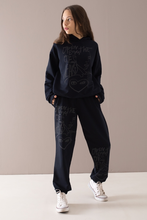 Lacivert Heart Yazılı Desenli Kapüşonlu Kız Çocuk Eşofman Takımı 19787