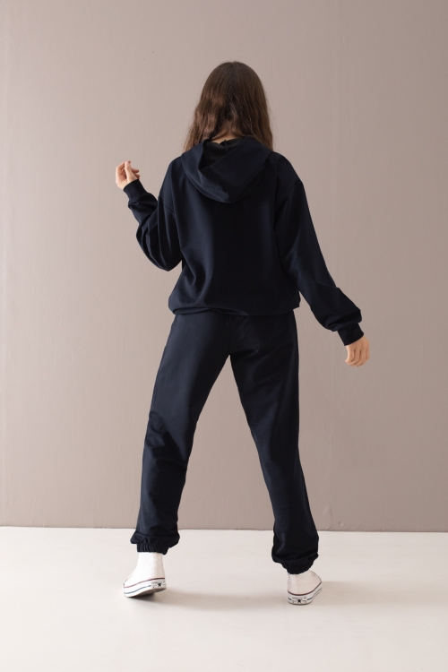 Lacivert Heart Yazılı Desenli Kapüşonlu Kız Çocuk Eşofman Takımı 19787