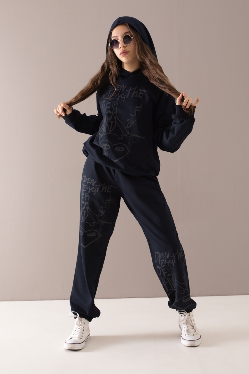 Lacivert Heart Yazılı Desenli Kapüşonlu Kız Çocuk Eşofman Takımı 19787