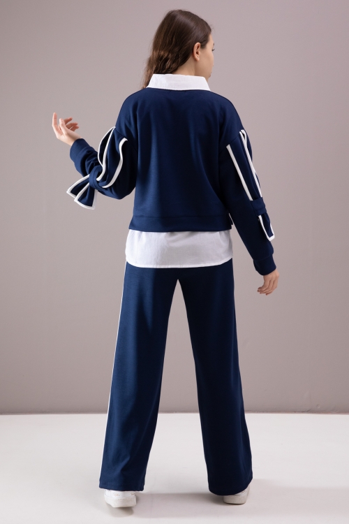 Lacivert Kol Detaylı Badili Gömlekli Kız Çocuk Pantolonlu 3lü Takım 19878