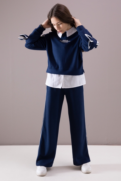 Lacivert Kol Detaylı Badili Gömlekli Kız Çocuk Pantolonlu 3lü Takım 19878