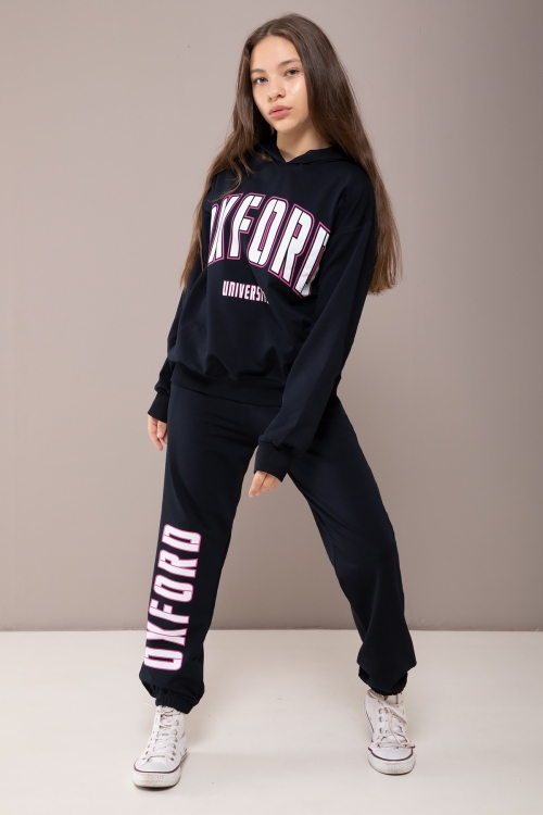 Lacivert Oxford Baskılı Kapüşonlu Kız Çocuk Eşofman Takımı 19821