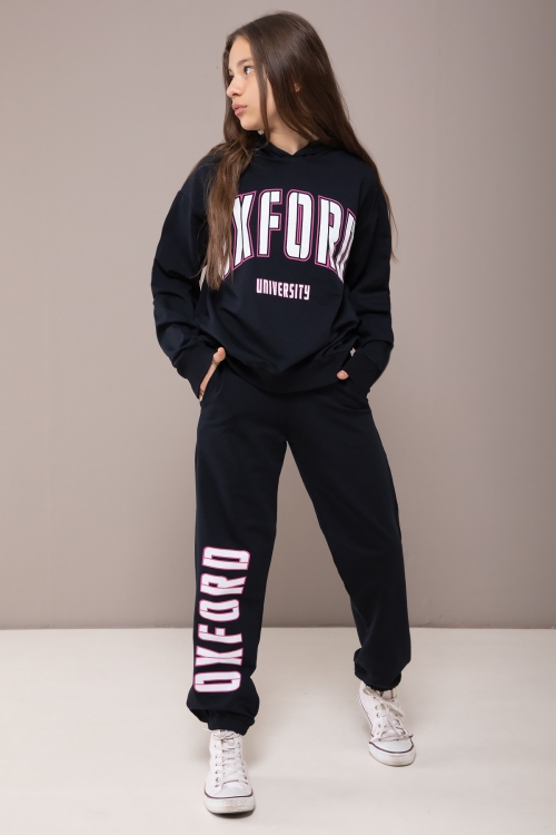 Lacivert Oxford Baskılı Kapüşonlu Kız Çocuk Eşofman Takımı 19821