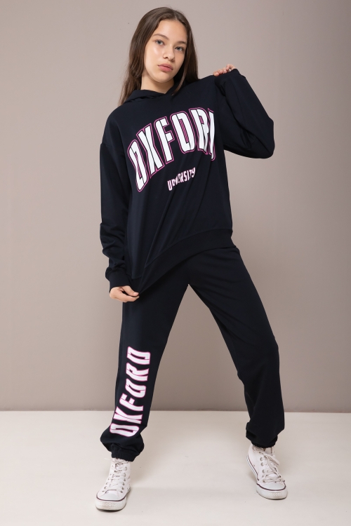 Lacivert Oxford Baskılı Kapüşonlu Kız Çocuk Eşofman Takımı 19821