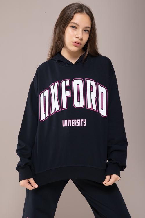 Lacivert Oxford Baskılı Kapüşonlu Kız Çocuk Eşofman Takımı 19821