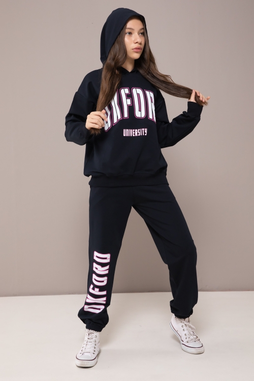 Lacivert Oxford Baskılı Kapüşonlu Kız Çocuk Eşofman Takımı 19821