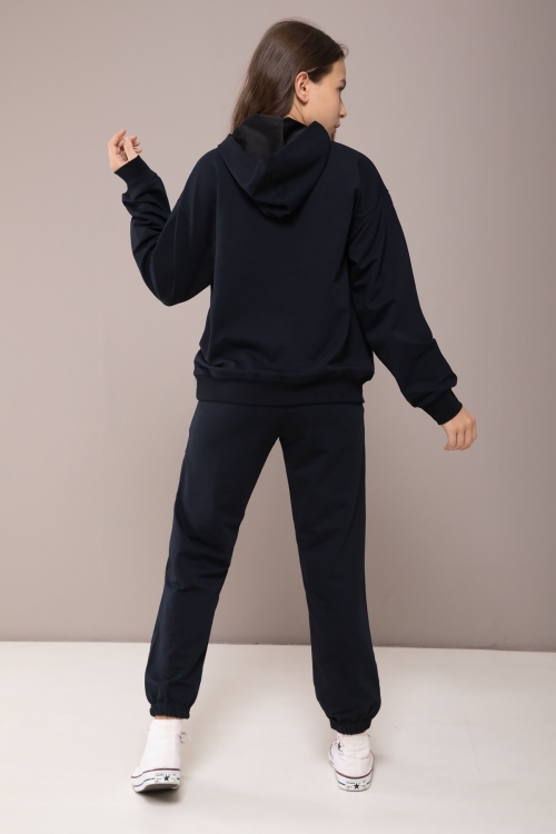 Lacivert Oxford Baskılı Kapüşonlu Kız Çocuk Eşofman Takımı 19821