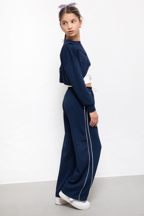 Lacivert Şerit Detaylı Geniş Paça Croplu Kız Çocuk 3lü Takım 19841