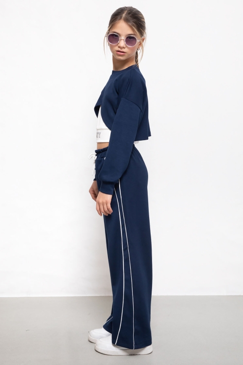 Lacivert Şerit Detaylı Geniş Paça Croplu Kız Çocuk 3lü Takım 19841