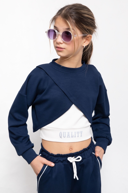 Lacivert Şerit Detaylı Geniş Paça Croplu Kız Çocuk 3lü Takım 19841