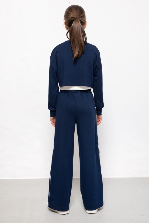 Lacivert Şerit Detaylı Geniş Paça Croplu Kız Çocuk 3lü Takım 19841