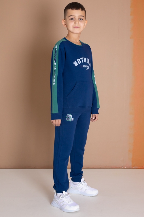 Lacivert Şerit Yazı Baskılı Şardonlu Erkek Çocuk Eşofman Takımı 19609
