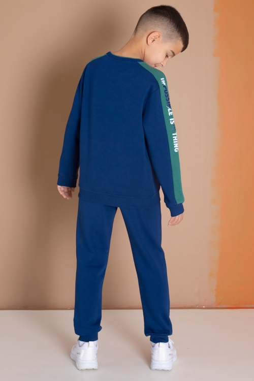 Lacivert Şerit Yazı Baskılı Şardonlu Erkek Çocuk Eşofman Takımı 19609