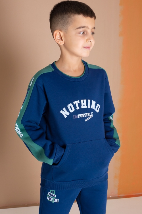 Lacivert Şerit Yazı Baskılı Şardonlu Erkek Çocuk Eşofman Takımı 19609