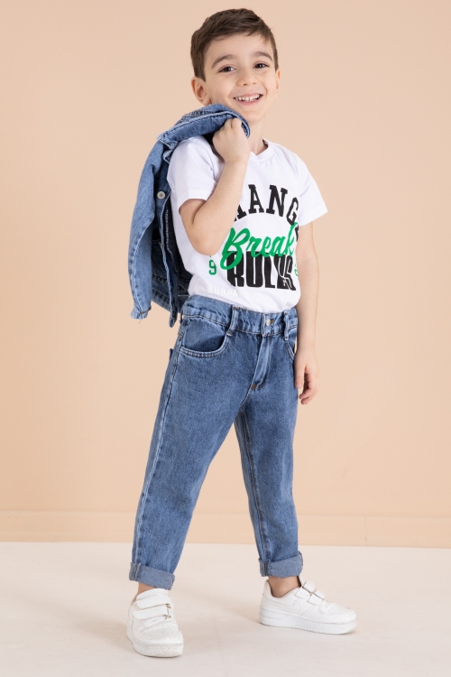 Lacivert Yazı Nakışlı Ceketli 3lü Erkek Çocuk Jean Takım 20001