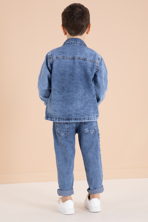 Lacivert Yazı Nakışlı Ceketli 3lü Erkek Çocuk Jean Takım 20001
