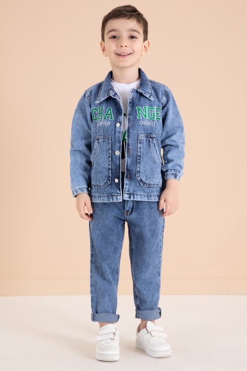 Lacivert Yazı Nakışlı Ceketli 3lü Erkek Çocuk Jean Takım 20001