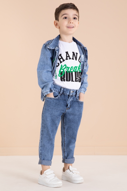 Lacivert Yazı Nakışlı Ceketli 3lü Erkek Çocuk Jean Takım 20001