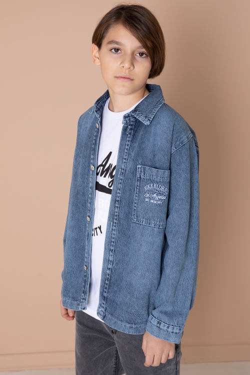 Lacivert Yazı Nakışlı Jean Gömlekli ve Tişörtlü Erkek Çocuk 2li Takım 20034