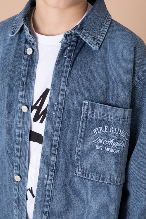 Lacivert Yazı Nakışlı Jean Gömlekli ve Tişörtlü Erkek Çocuk 2li Takım 20034