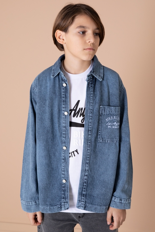 Lacivert Yazı Nakışlı Jean Gömlekli ve Tişörtlü Erkek Çocuk 2li Takım 20034