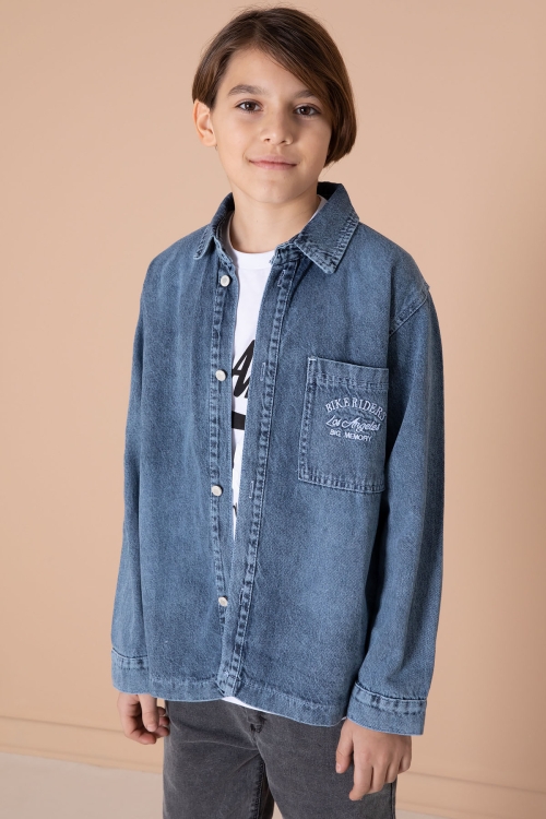 Lacivert Yazı Nakışlı Jean Gömlekli ve Tişörtlü Erkek Çocuk 2li Takım 20034