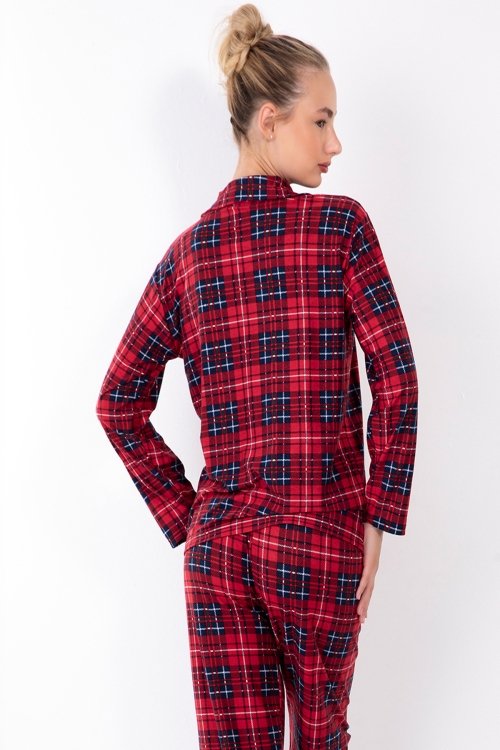 Kırmızı Ekose Desenli Bayan Pijama Takımı 20130