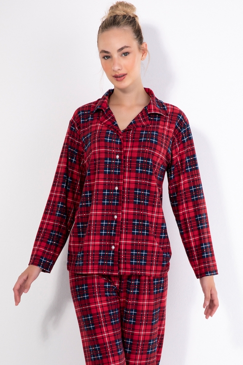 Kırmızı Ekose Desenli Bayan Pijama Takımı 20130