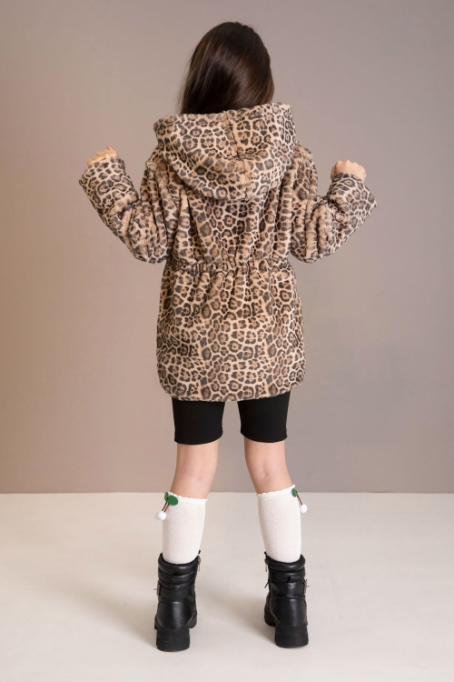 Leopar Desenli Kapüşonlu Kız Çocuk Peluş Hırka 19804