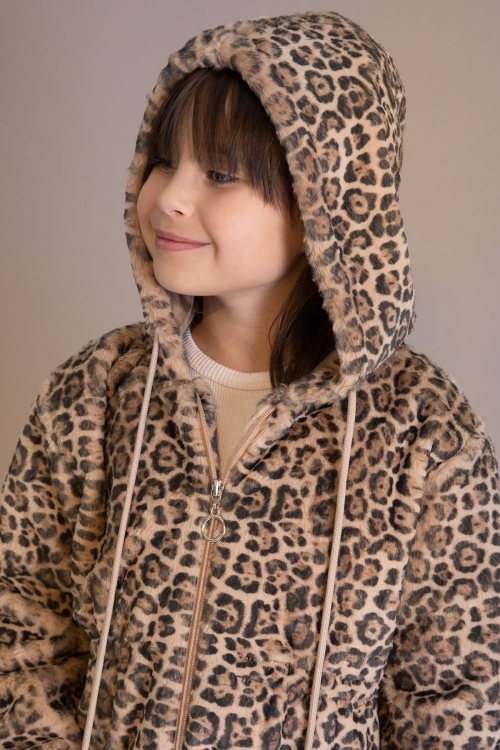 Leopar Desenli Kapüşonlu Kız Çocuk Peluş Hırka 19804