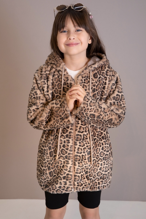 Leopar Desenli Kapüşonlu Kız Çocuk Peluş Hırka 19804