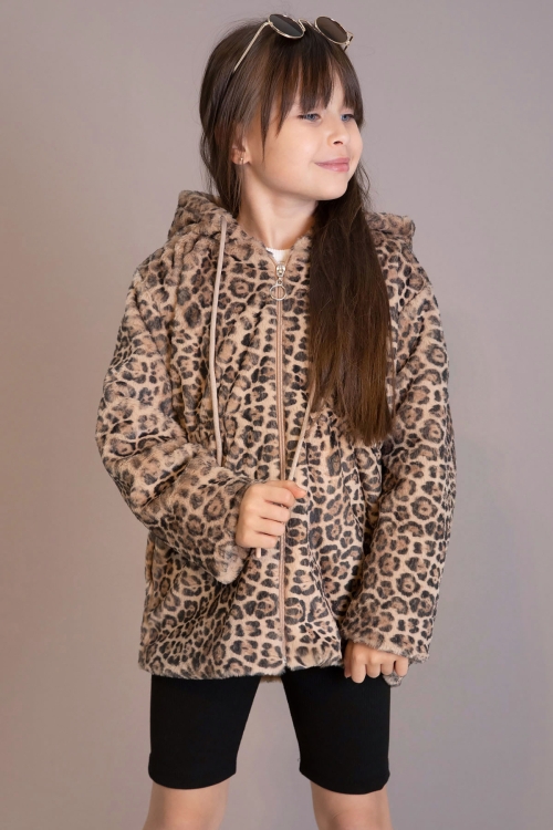 Leopar Desenli Kapüşonlu Kız Çocuk Peluş Hırka 19804